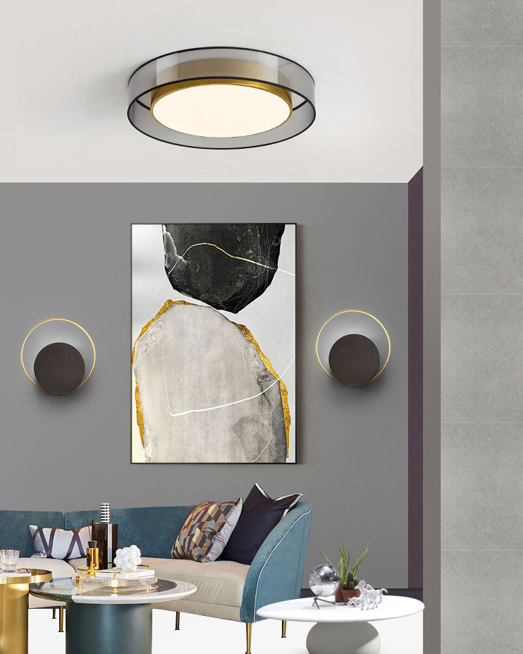 Plafonnier encastré à tambour en tissu moderne, plafonnier LED pour chambre à coucher en laiton