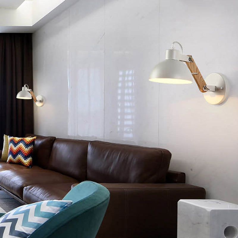 Industrial Wall Lamp with Wood Swing Arm Dome Metal Shade Wall Mount Light for Bedroom Bedside