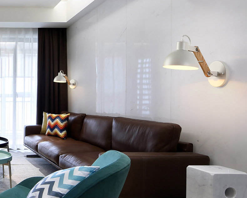 Industrial Wall Lamp with Wood Swing Arm Dome Metal Shade Wall Mount Light for Bedroom Bedside