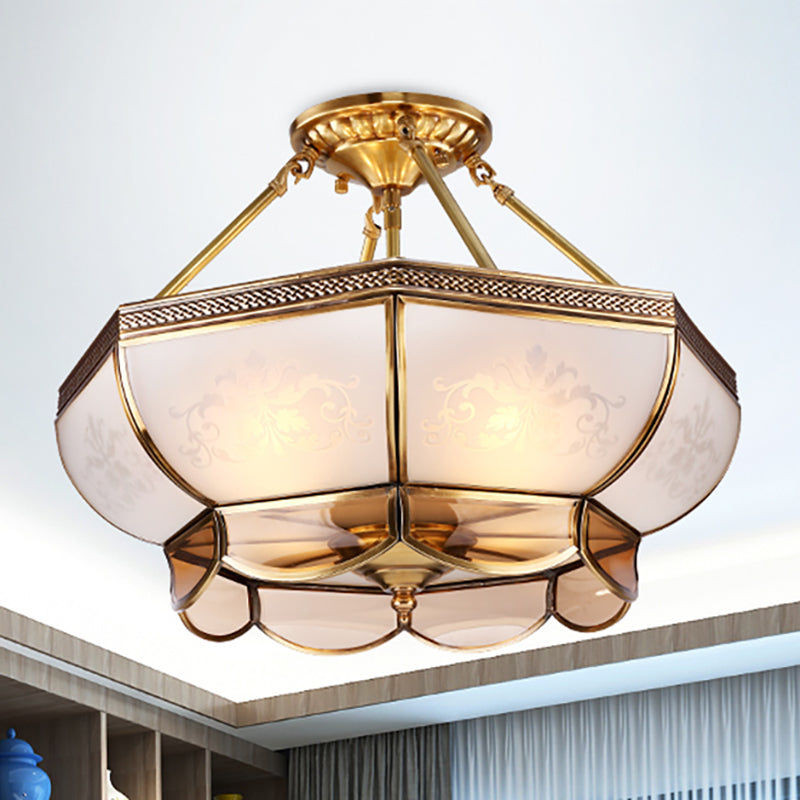 3/4 Bulbs Dome Ceiling Light Fixture Colonial Brass Satin Opal Glass Semi Flush Mount Lighting for Living Room, 14"/18" Dia