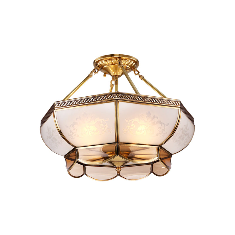 3/4 Bulbs Dome Ceiling Light Fixture Colonial Brass Satin Opal Glass Semi Flush Mount Lighting for Living Room, 14"/18" Dia