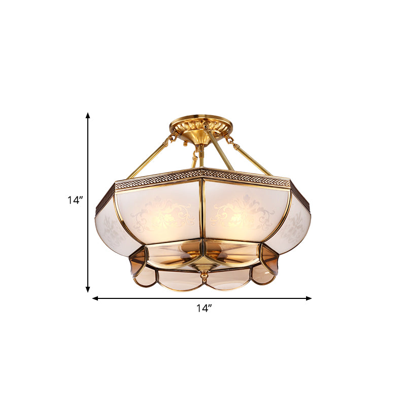 3/4 Bulbs Dome Ceiling Light Fixture Colonial Brass Satin Opal Glass Semi Flush Mount Lighting for Living Room, 14"/18" Dia