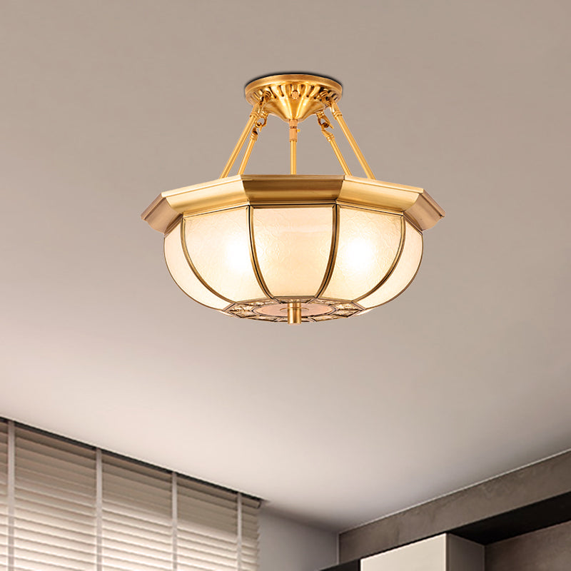 Colonial Oval Ceiling Light Fixture 3/4/6 Bulbs Cream Glass Semi Mount Lighting in Brass for Bedroom, 14"/18"/23.5" W