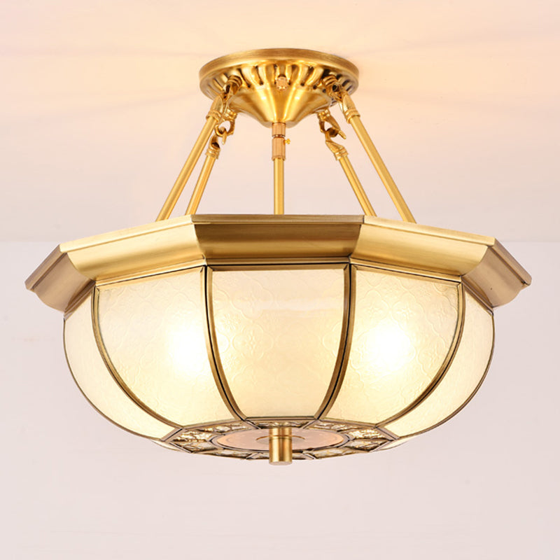 Colonial Oval Ceiling Light Fixture 3/4/6 Bulbs Cream Glass Semi Mount Lighting in Brass for Bedroom, 14"/18"/23.5" W