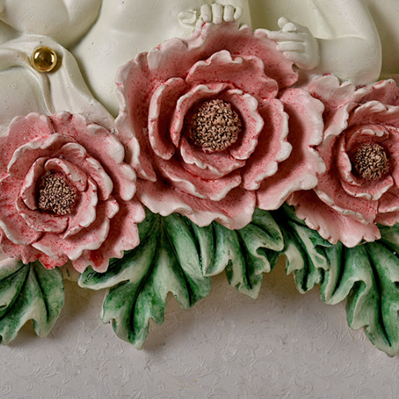 Flared Frosted Glass Wall Lamp Retro Style 1-Light Yellow Flush Wall Light Sconce with Pink/Beige Rose Detail