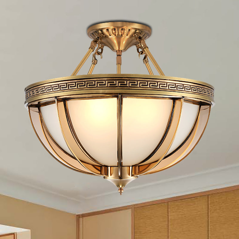 16.5"/20.5" W Ivory Glass Bowl Ceiling Lighting Colonial 3/4 Heads Living Room Semi Flush Mount Light Fixture in Brass