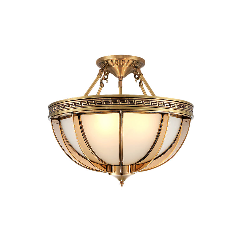 16.5"/20.5" W Ivory Glass Bowl Ceiling Lighting Colonial 3/4 Heads Living Room Semi Flush Mount Light Fixture in Brass