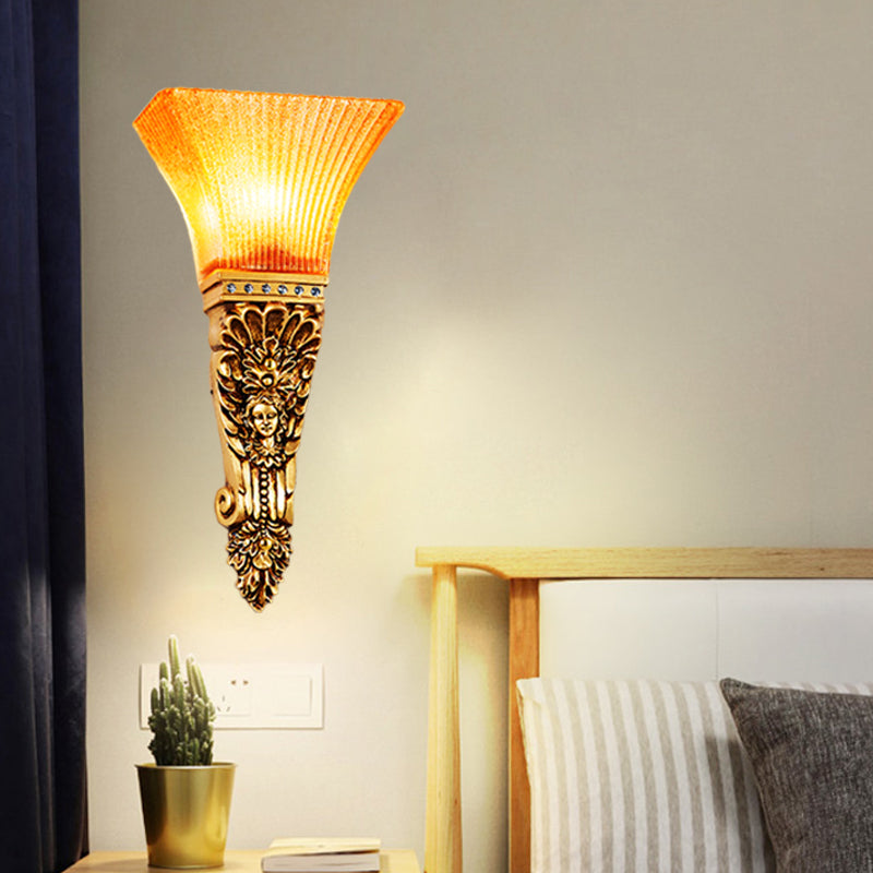 Ribbed Glass Torch Sconce Light Colonial 1 Bulb Amber Wall Mounted Light with Gold Finish Crafted Backplate