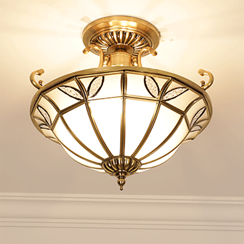 Brass 3 Heads Semi Flush Light Colonialism Sandblasted Glass Dome Ceiling Fixture for Porch