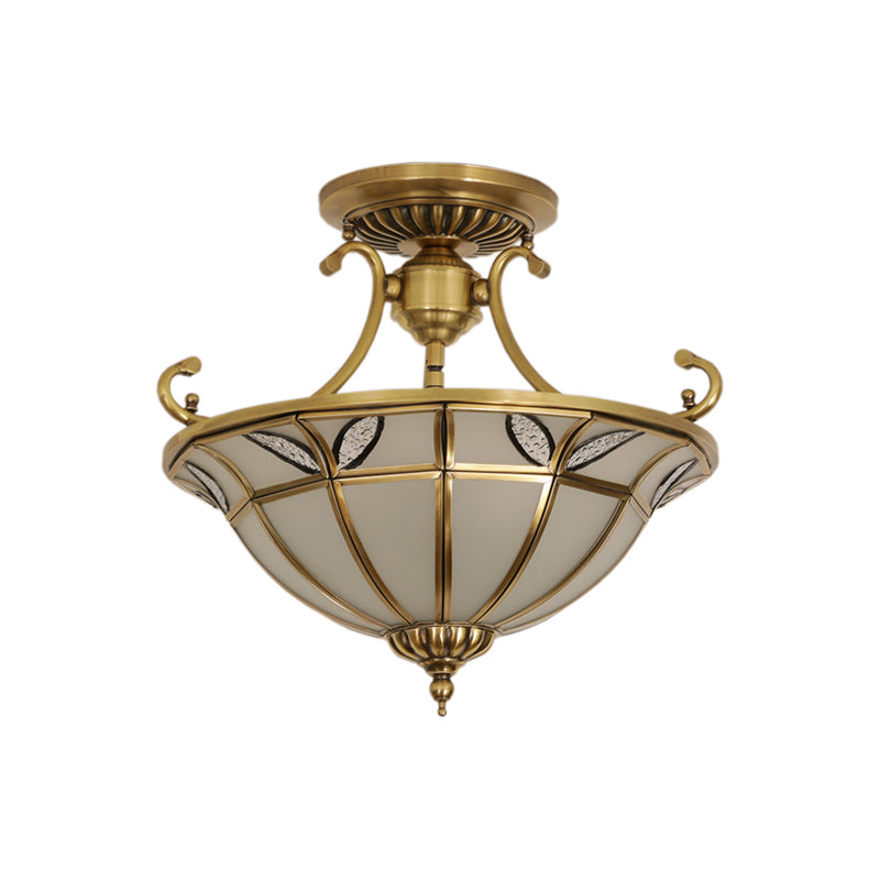 Brass 3 Heads Semi Flush Light Colonialism Sandblasted Glass Dome Ceiling Fixture for Porch