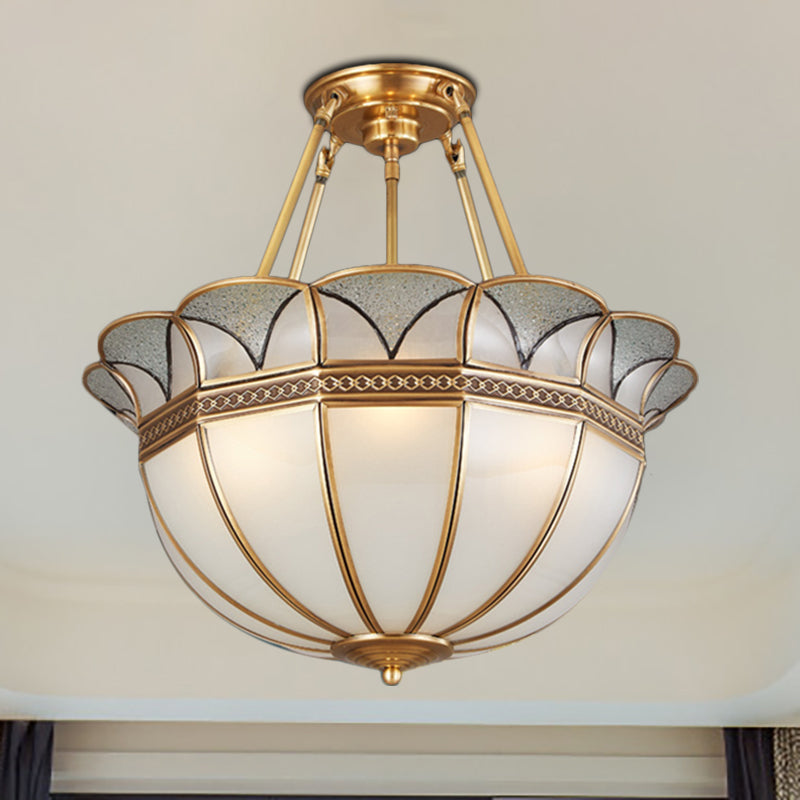 Bowl Milky Glass Ceiling Lighting Colonial 4 Bulbs Living Room Semi Flush Mount Ceiling Light in Brass