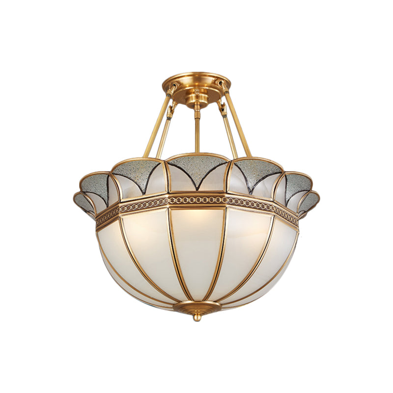 Bowl Milky Glass Ceiling Lighting Colonial 4 Bulbs Living Room Semi Flush Mount Ceiling Light in Brass