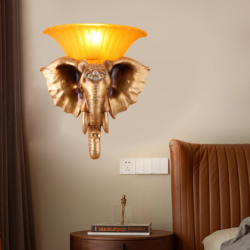 Resin White/Golden Sconce Light Embossed Elephant Single Light Asian Wall Lighting Fixture
