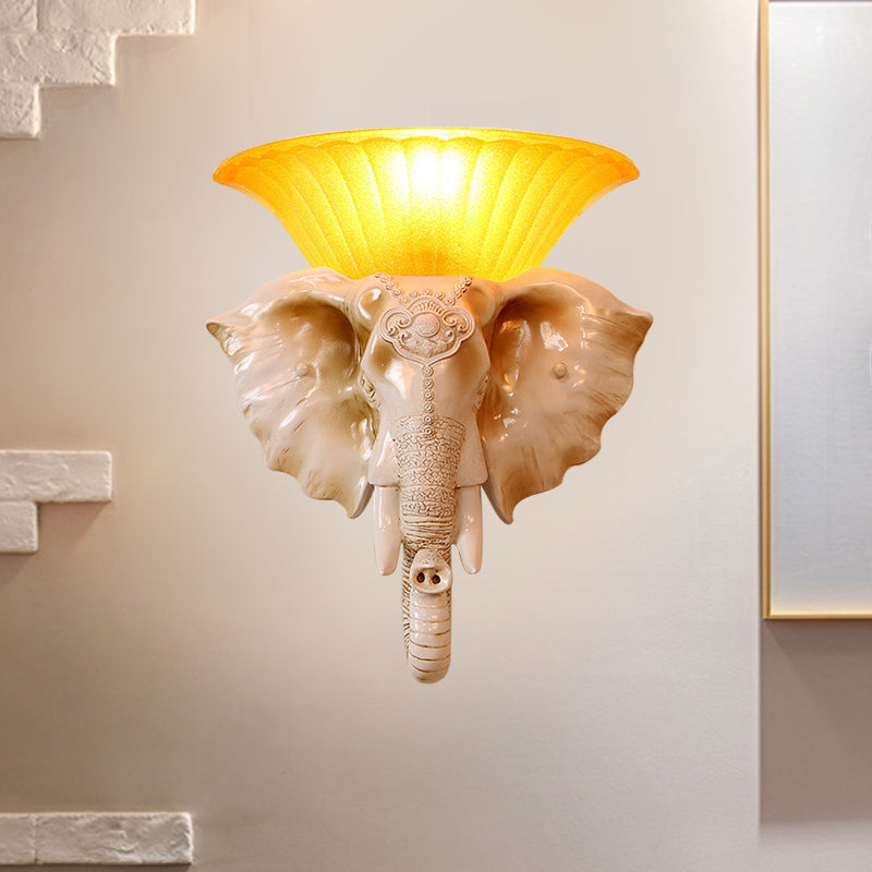 Resin White/Golden Sconce Light Embossed Elephant Single Light Asian Wall Lighting Fixture