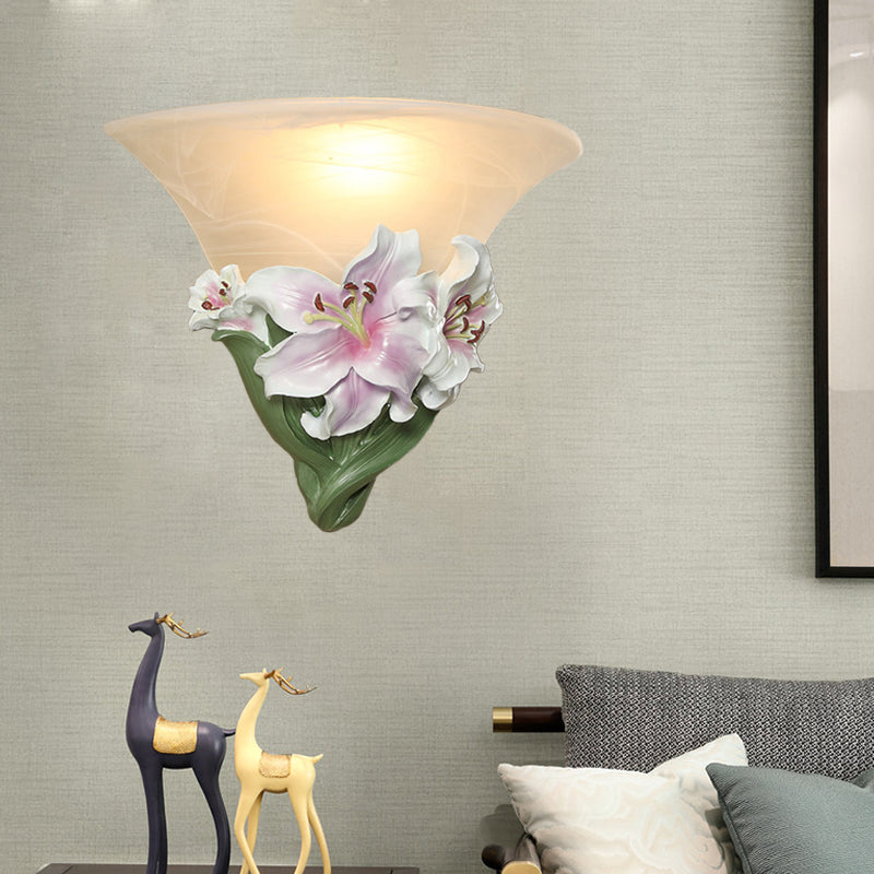 White/Pink Lily Wall Light Contemporary Resin 1 Head Wall Lighting Ideas with Frosted Glass Shade