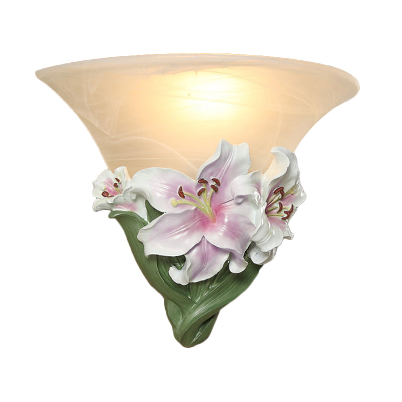 White/Pink Lily Wall Light Contemporary Resin 1 Head Wall Lighting Ideas with Frosted Glass Shade