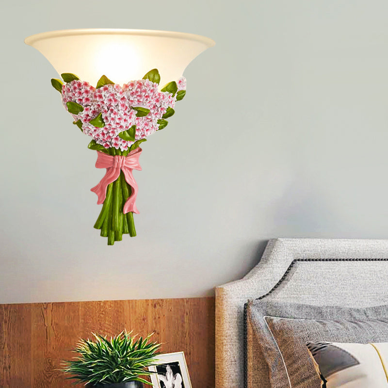1-Head Frosted Glass Sconce Light Modern White Tapered Wall Lamp with Yellow/Pink Gypsophila Bouquet Element