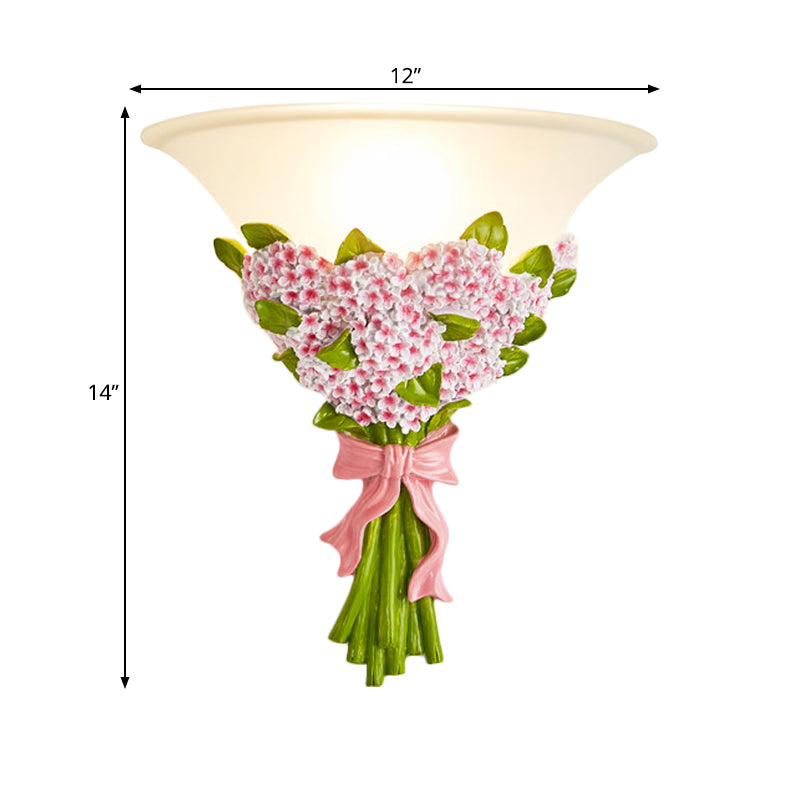 1-Head Frosted Glass Sconce Light Modern White Tapered Wall Lamp with Yellow/Pink Gypsophila Bouquet Element