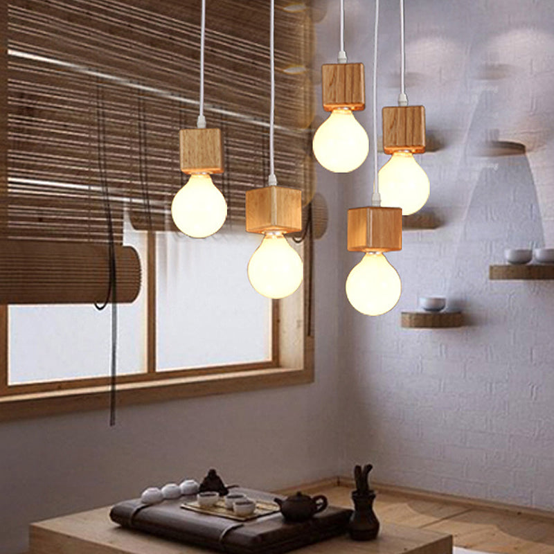 Minimalist Square Hanging Pendant Light Wooden Restaurant Suspension Pendant in Wood