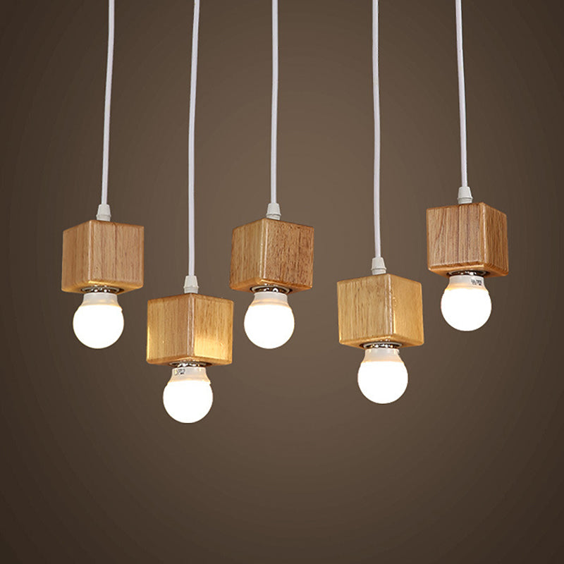 Minimalist Square Hanging Pendant Light Wooden Restaurant Suspension Pendant in Wood