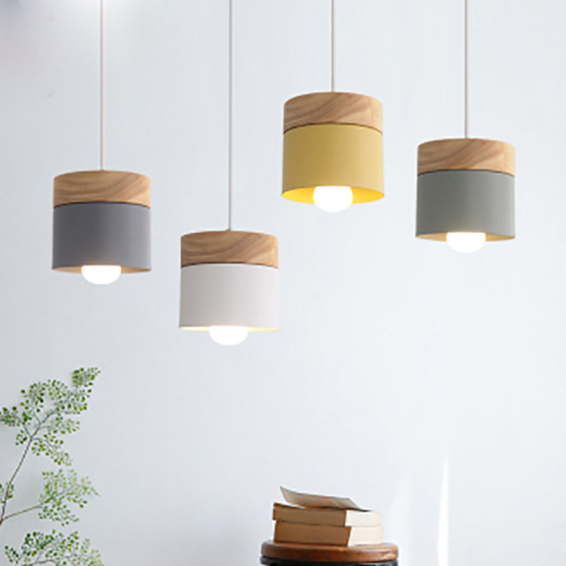 Indoor Macaroon Cylinder Pendant Light Wooden Mini Ceiling Lamp in Metal Shade