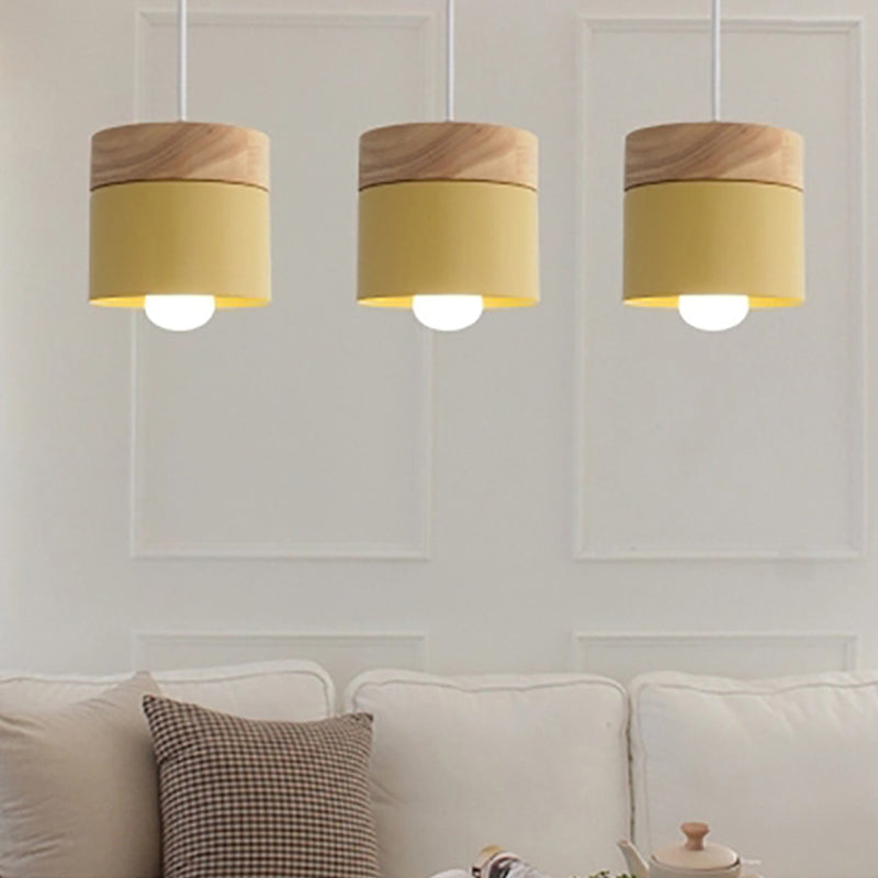 Indoor Macaroon Cylinder Pendant Light Wooden Mini Ceiling Lamp in Metal Shade