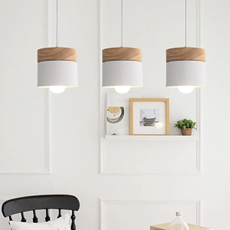 Indoor Macaroon Cylinder Pendant Light Wooden Mini Ceiling Lamp in Metal Shade