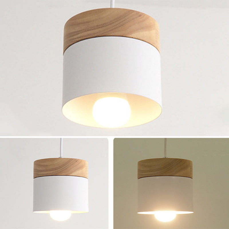 Indoor Macaroon Cylinder Pendant Light Wooden Mini Ceiling Lamp in Metal Shade