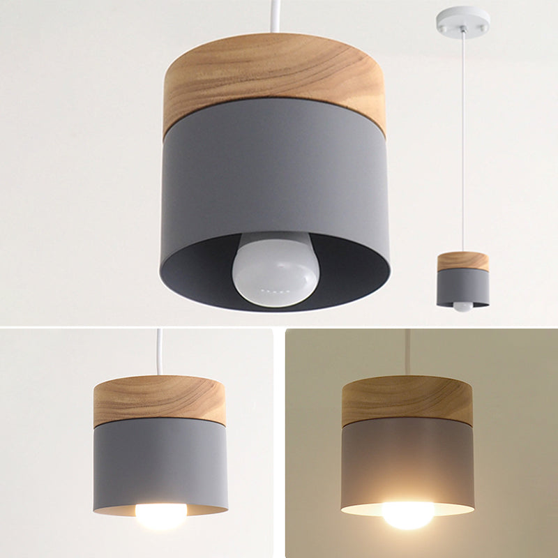 Indoor Macaroon Cylinder Pendant Light Wooden Mini Ceiling Lamp in Metal Shade