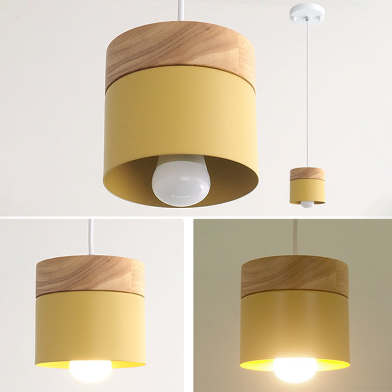 Indoor Macaroon Cylinder Pendant Light Wooden Mini Ceiling Lamp in Metal Shade