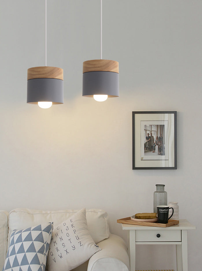 Indoor Macaroon Cylinder Pendant Light Wooden Mini Ceiling Lamp in Metal Shade