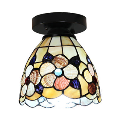 Tiffany Style Domed Ceiling Light Stained Glass 1 Bulb Flush Mount Ceiling Light with Flower Pattern in Black/Chrome Finish
