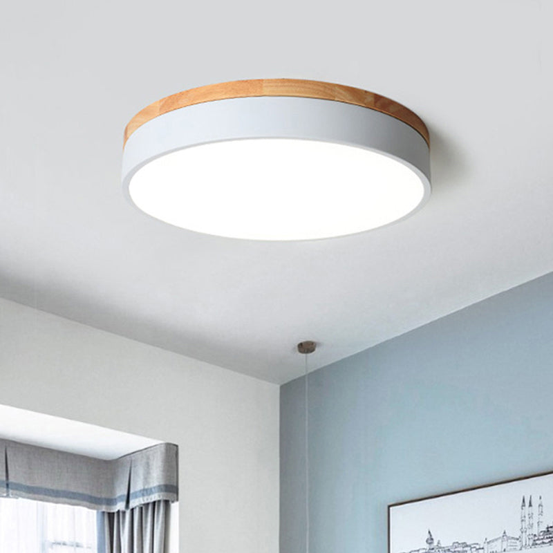 Metal Drum Shaped Flush Lamp Macaron LED Flush Ceiling Light with Wood Canopy for Bedroom