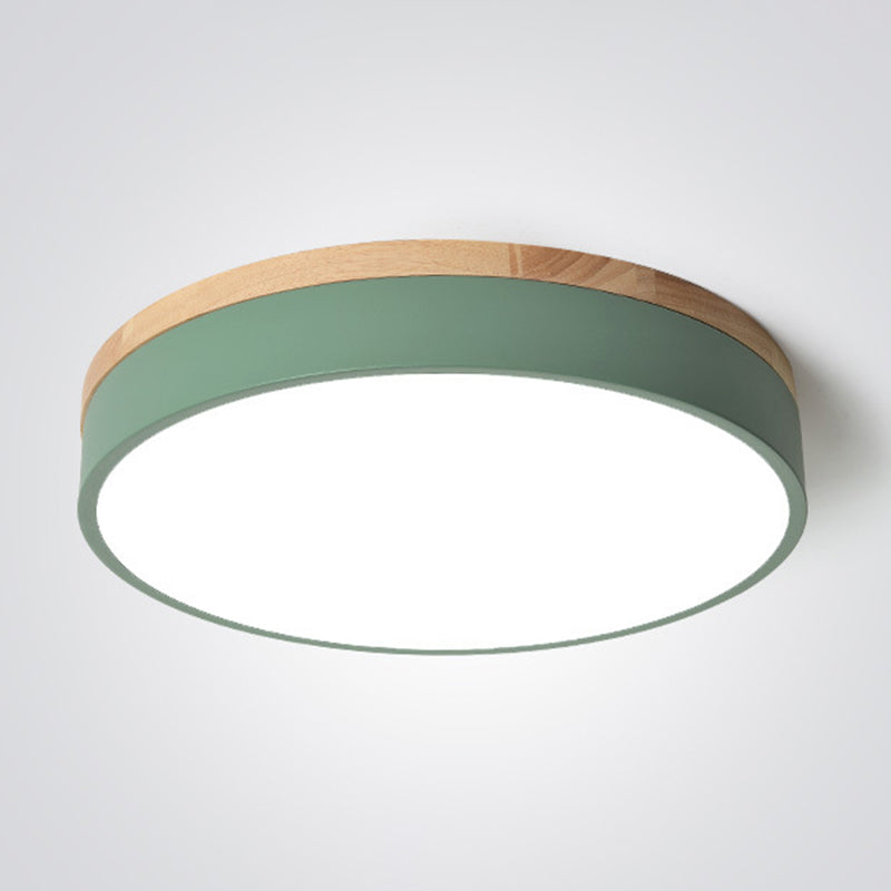 Metal Drum Shaped Flush Lamp Macaron LED Flush Ceiling Light with Wood Canopy for Bedroom