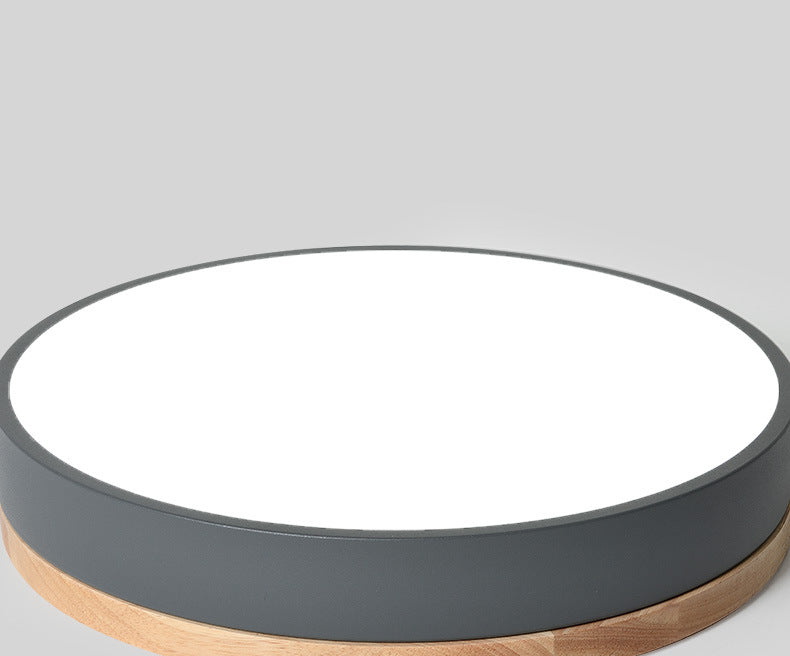 Metal Drum Shaped Flush Lamp Macaron LED Flush Ceiling Light with Wood Canopy for Bedroom