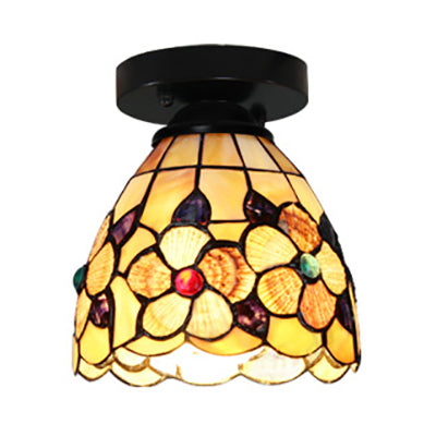 Tiffany Style Domed Ceiling Light Stained Glass 1 Bulb Flush Mount Ceiling Light with Flower Pattern in Black/Chrome Finish
