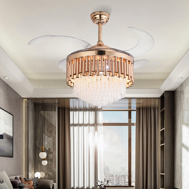 Luz de ventilador de tubería Luz de LED LED de oro de cristal moderno con control remoto/conversión de frecuencia para sala de estar