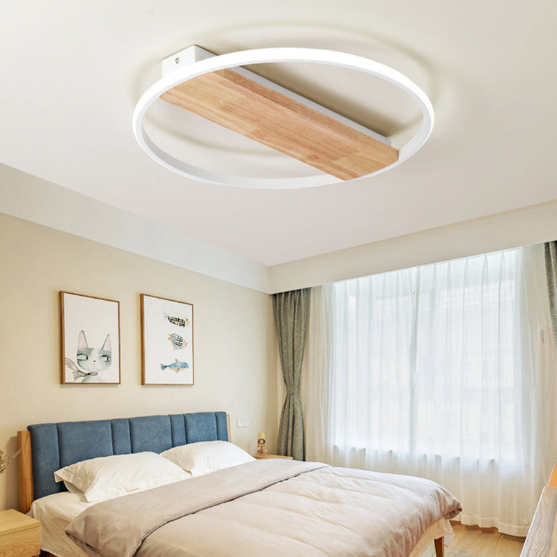 Modern LED Ceiling Light Fixture White Circular Ceiling Mounted Light with Wooden Shade