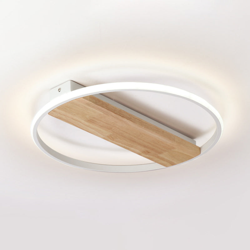 Modern LED Ceiling Light Fixture White Circular Ceiling Mounted Light with Wooden Shade