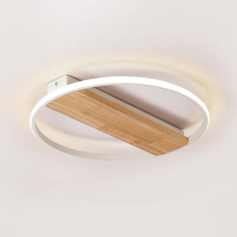 Modern LED Ceiling Light Fixture White Circular Ceiling Mounted Light with Wooden Shade