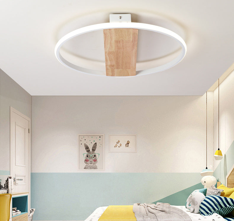 Modern LED Ceiling Light Fixture White Circular Ceiling Mounted Light with Wooden Shade