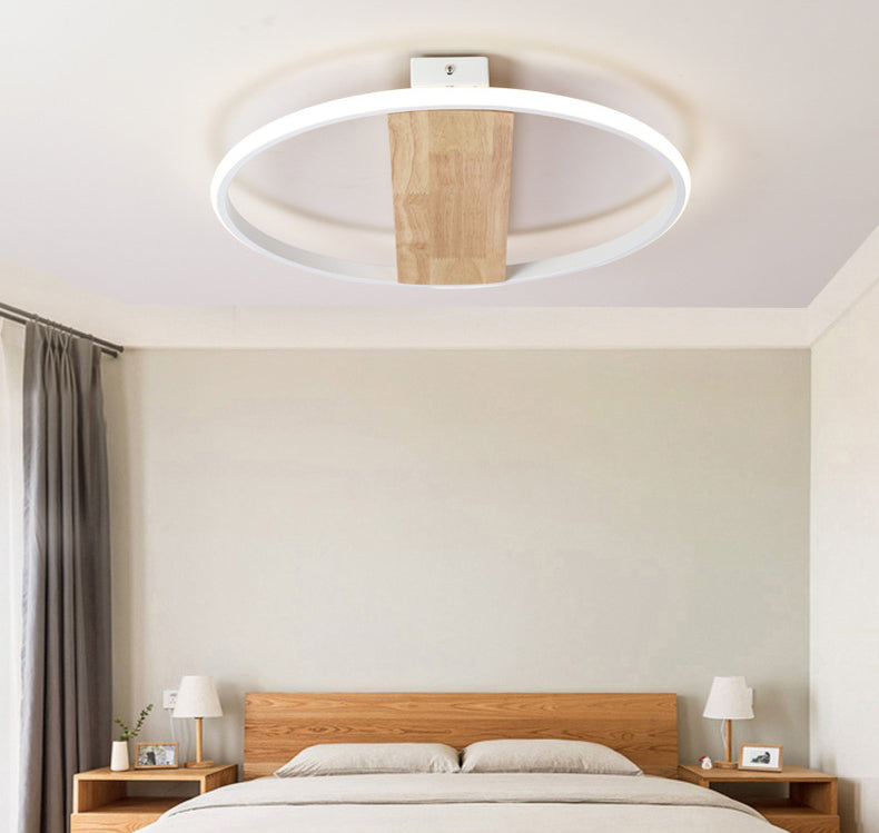 Modern LED Ceiling Light Fixture White Circular Ceiling Mounted Light with Wooden Shade
