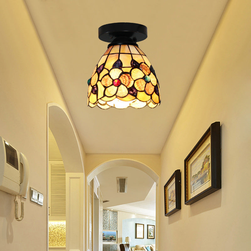 Tiffany Style Domed Ceiling Light Stained Glass 1 Bulb Flush Mount Ceiling Light with Flower Pattern in Black/Chrome Finish