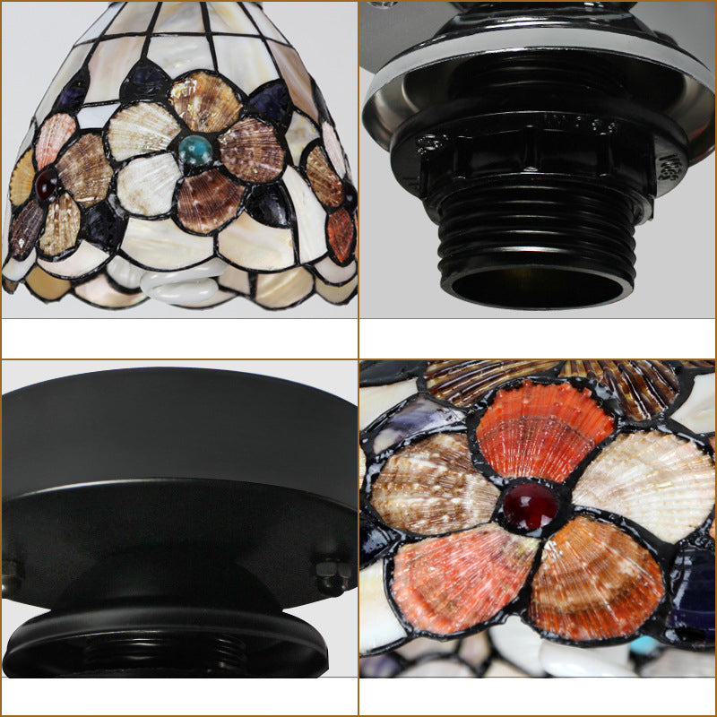 Tiffany Style Domed Ceiling Light Stained Glass 1 Bulb Flush Mount Ceiling Light with Flower Pattern in Black/Chrome Finish