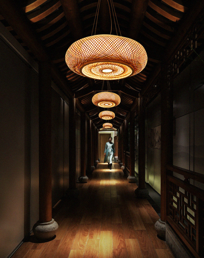 Bambuswebe runde hängende Lampe Chinesische Holzhängeberslicht für Schlafzimmer
