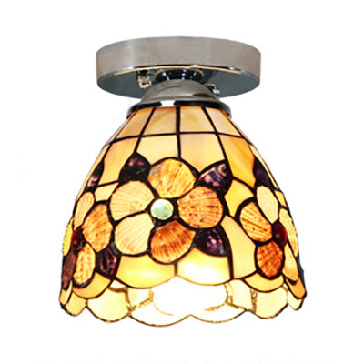 Tiffany Style Domed Ceiling Light Stained Glass 1 Bulb Flush Mount Ceiling Light with Flower Pattern in Black/Chrome Finish
