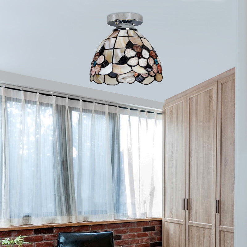Tiffany Style Domed Ceiling Light Stained Glass 1 Bulb Flush Mount Ceiling Light with Flower Pattern in Black/Chrome Finish