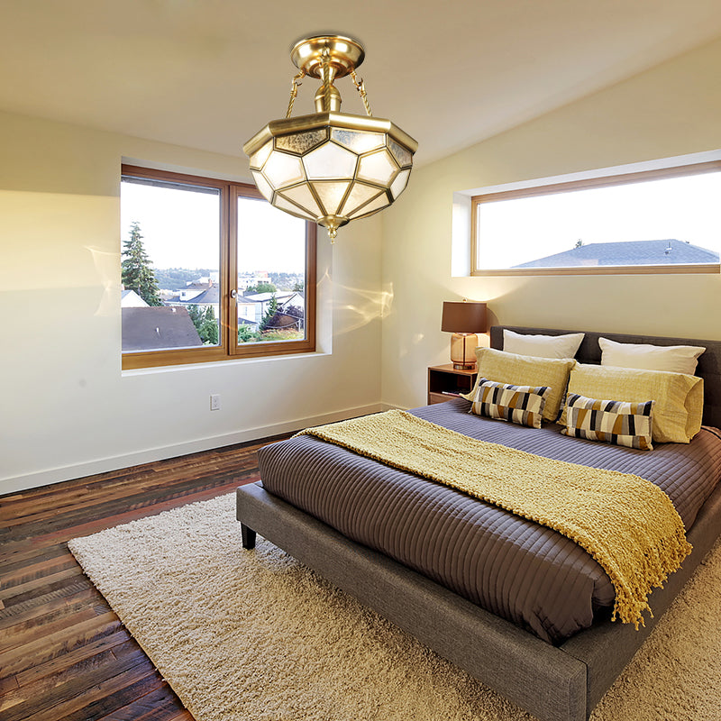 Brass 3/4 Heads Semi Flush Mount Colonialism Sandblasted Glass Dome Ceiling Fixture for Dining Room, 13"/16" W