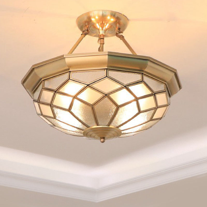 Colonial Dome Ceiling Light Fixture 4 Bulbs Seeded Glass Semi Mount Lighting in Brass for Dining Room