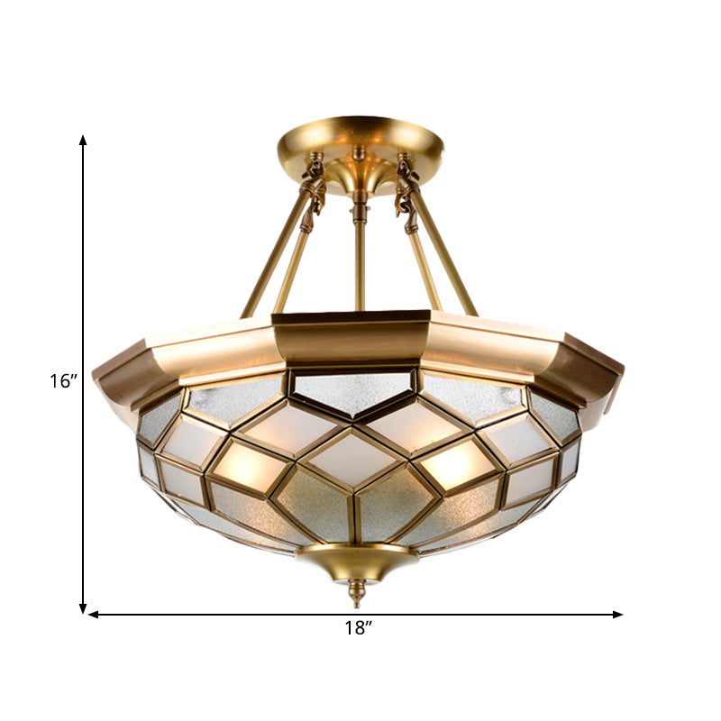 Colonial Dome Ceiling Light Fixture 4 Bulbs Seeded Glass Semi Mount Lighting in Brass for Dining Room